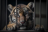 Portrait of tiger behind bars in lattice cage. Concept Unlawful smuggling of exotic animals, illegal zoo. Generation AI
