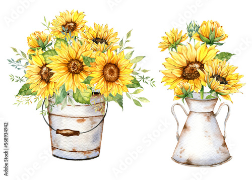 Watercolor sunflowers bouquet, hand painted sunflower bouquets with greenery, sunfower flower arrangement. Sunflower Farmhouse decor. Watercolor floral. Botanical Drawing. White background.	