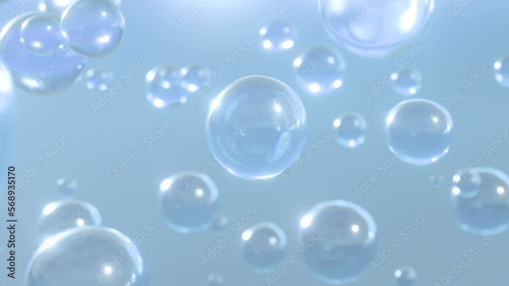 A macro shot of many water bubbles rising against a light blue background. Design for moisturizing bubble blobs in beauty gloss in super motion. 3D cosmetic serum animation A macro shot of many water bubbles rising against a light blue background. Design for moisturizing bubble blobs in beauty gloss in super motion. 3D cosmetic serum animation