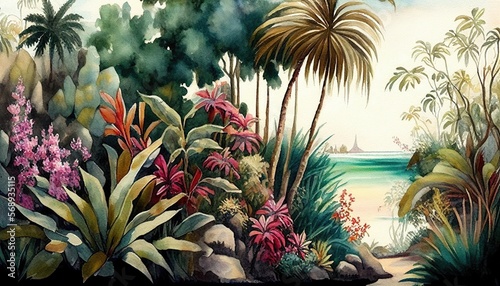 Watercolor tropical paradise with palm trees and flowers  Generative AI watercolor background