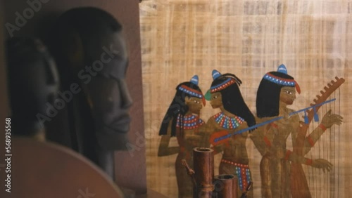 Black Stock Footage of historic African Art, Masks, Artifacts, and Sculptures in a home museum showcasing the diversity of African descendents, cultures, and creativity