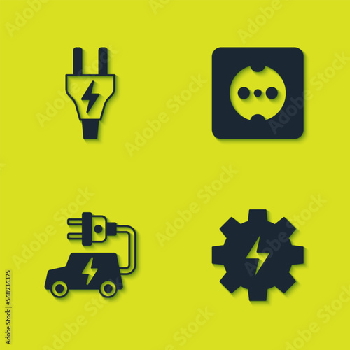 Set Electric plug, Gear and lightning, car and Electrical outlet icon. Vector
