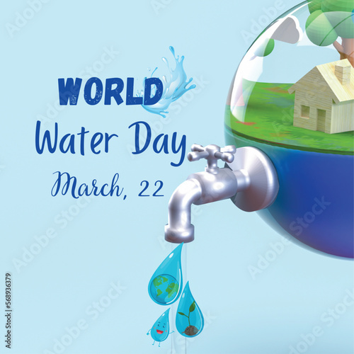 World water day 2023 card. Save water save lives. Water day 3d concept. Fresh green water drop.