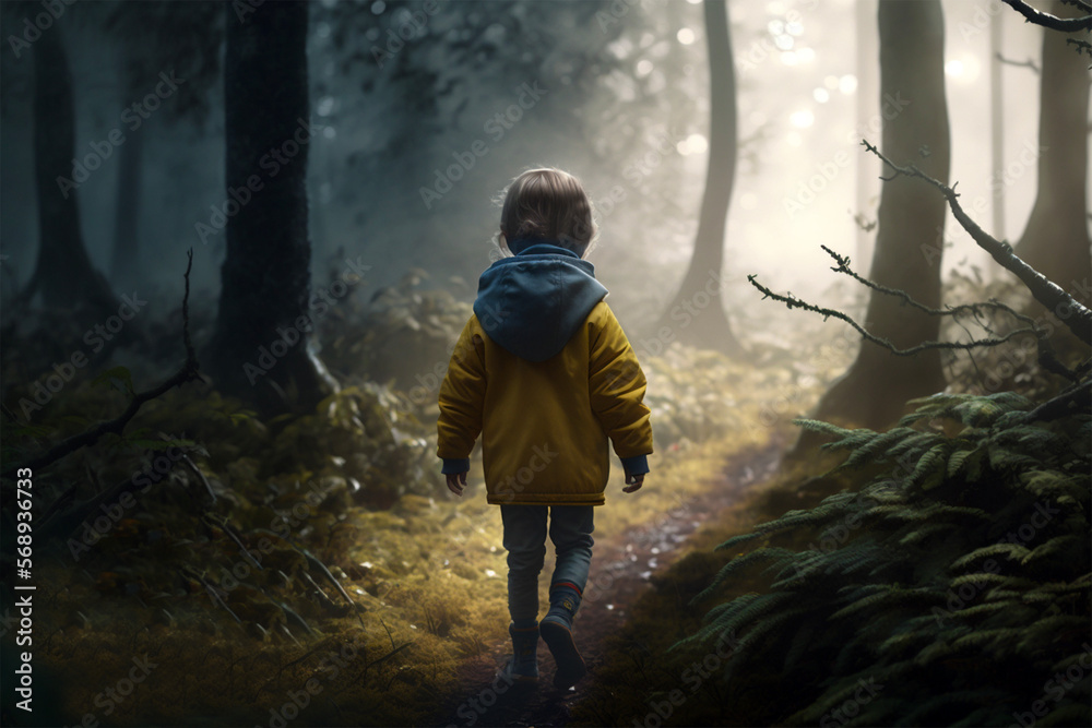 Obraz premium A child walking in the forest in a foggy weather.Back view.Created with generative ai