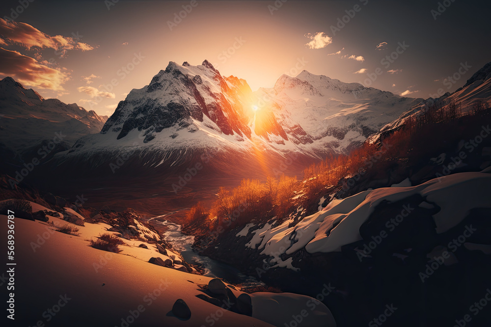 Snowy Mountains Landscape on the Golden Hour, Scenic Winter Wallpaper, Sunset, Generative AI Digital Illustration