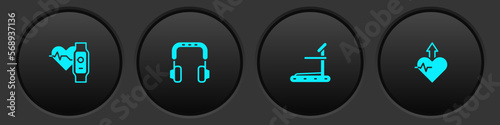 Set Smart watch with heart, Headphones, Treadmill machine and Heartbeat increase icon. Vector