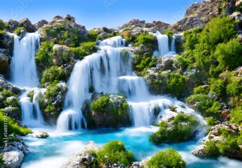 Frozen waterfalls in a mountain landscape.