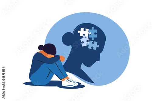 Depressed female sitting on the floor and holding their knees. Concept irritation, anger, depression, anxiety, mental disorders. Vector illustration.