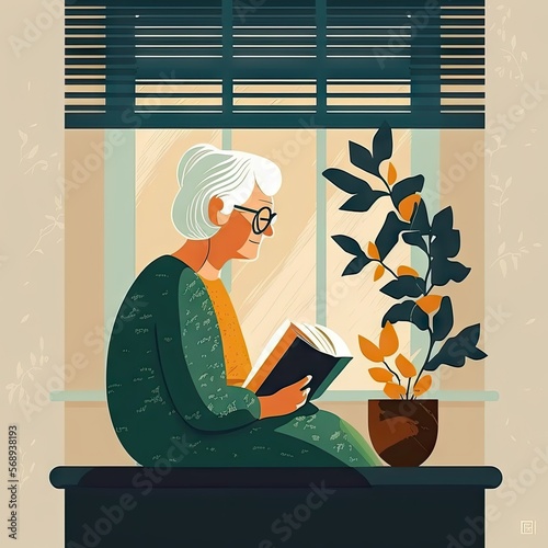 An elderly woman has finished reading a book and is thinking about wha minimalistic illustraion AI Generation photo