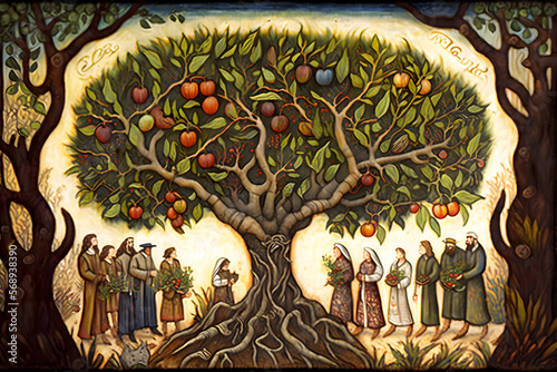 Happy Tu BiShvat  15th of Shevat  Tu B Shvat   a Jewish holiday representing New Year of the Trees  also celebrated as an ecological awareness day. High Quality Illustration. Ai Generative.