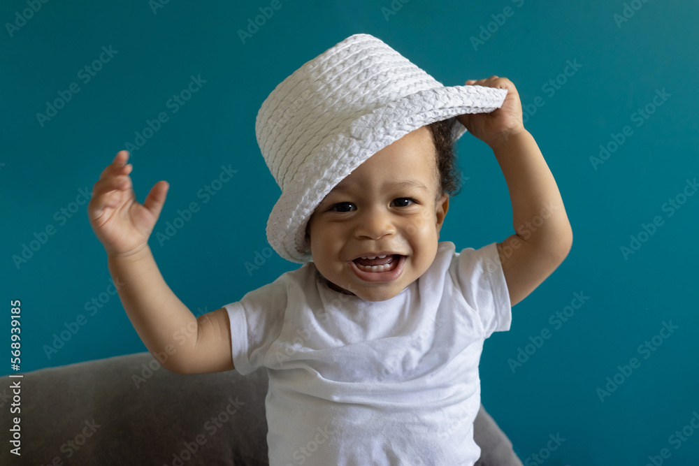 happy smiling one year old baby portrait in hat, fashion child boy happy smiling one year old baby portrait in hat, fashion child boy
