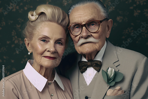 Lovely elegant senior couple portrait on matching light brown outfit of pastel colors on dark green background. Generative AI. Forever love concept.