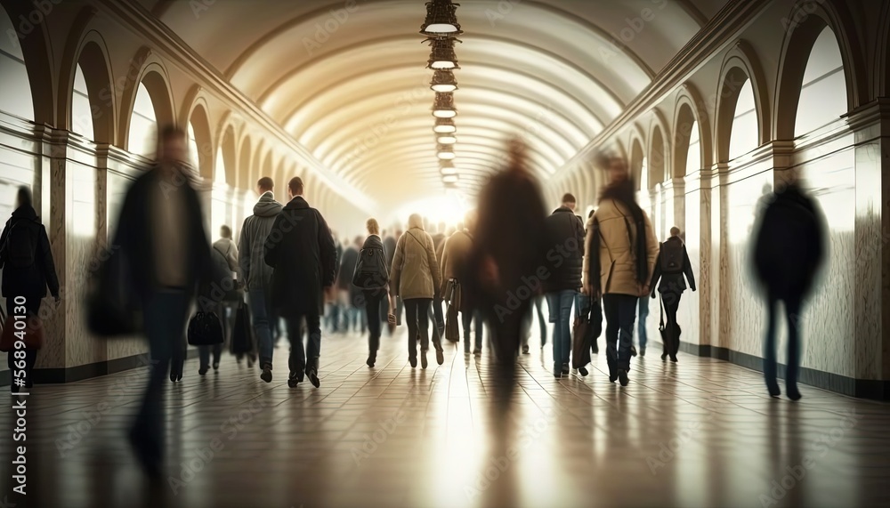 illustration of urban rush hour at underground train transit with blur defocused crowd of people