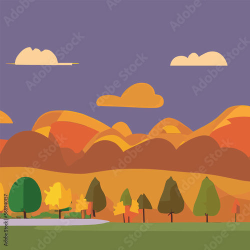 Autumn landscapes of Countryside with sunset and blue and pink sky,