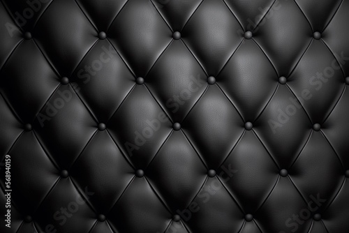 Black leather quilted cushion background, couch texture closeup studded with buttons, seamless pattern for design, wallpaper