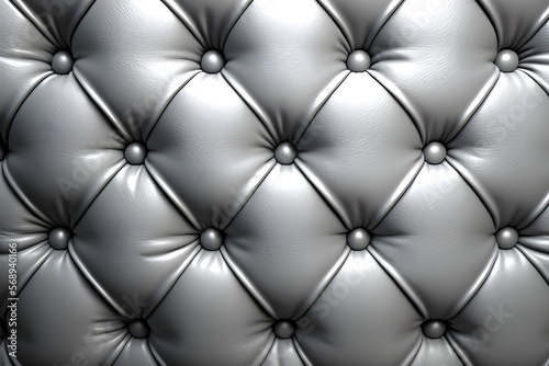 Silver leather quilted cushion background, couch texture closeup studded with buttons, seamless pattern for design, wallpaper