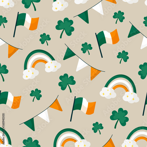 Seamless pattern with irish flags and shamrock. Rainbow and flags in irish colors. Flat style vector 