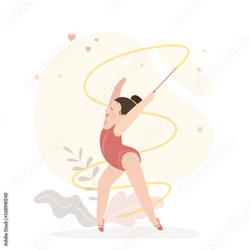 Little girl gymnast in sportswear with sports tape. Rhythmic gymnastics classes, caucasian little child with sports equipment. Sports section, lesson.