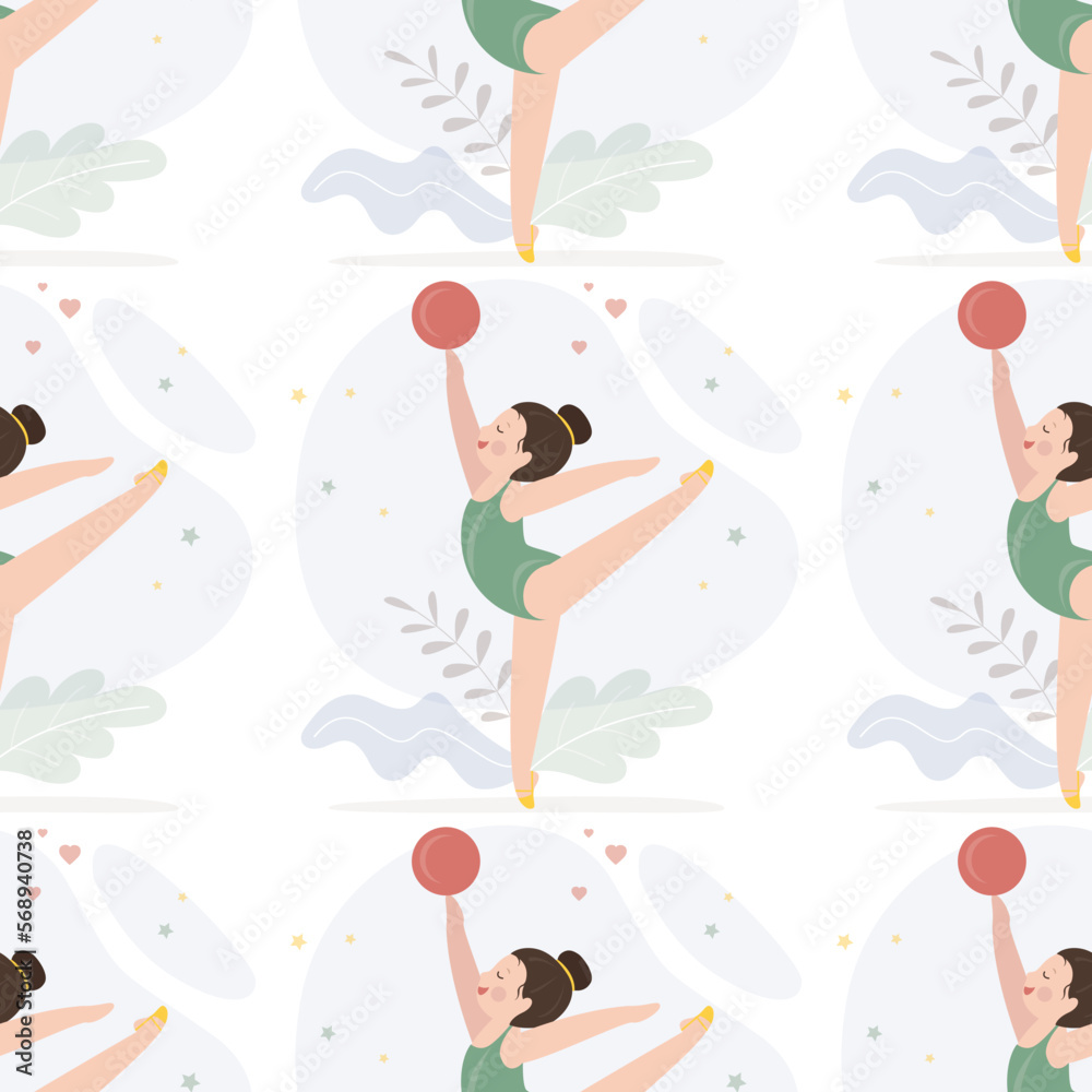 Seamless pattern with little girl gymnast. KId in sportswear with ball. Rhythmic gymnastics classes, caucasian child with sports equipment. Sports section, lesson, texture background.
