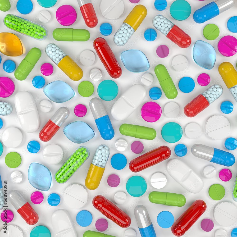 3d rendering of many colorful tablets, pills and capsules. - Medicine on white background.