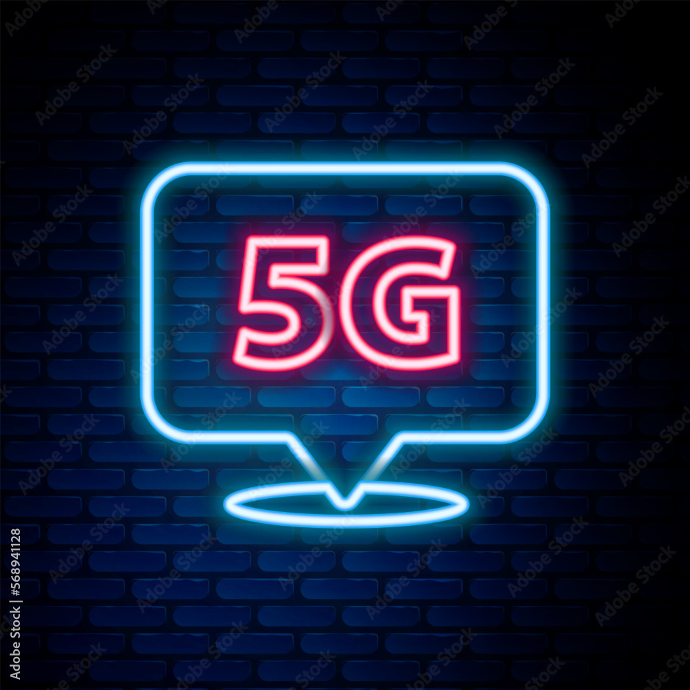 Glowing neon line Location 5G new wireless internet wifi connection icon isolated on brick wall background. Global network high speed connection data rate technology. Colorful outline concept. Vector Glowing neon line Location 5G new wireless internet wifi connection icon isolated on brick wall background. Global network high speed connection data rate technology. Colorful outline concept. Vector