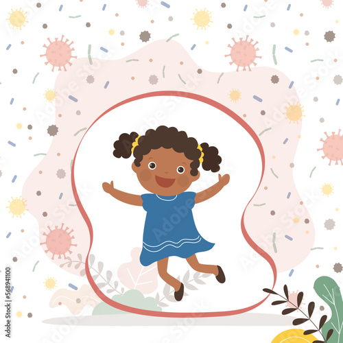 Female character protected from bacteria and viruses. African american child with best immunity. Cute healthy kid girl. Concept of healthy lifestyle and good habits.