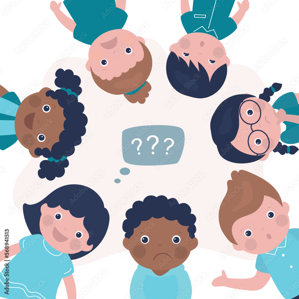 Group of multiethnic children solve problem or search answers on difficult question. Little students with different emotions. Classmates overcome learning difficulties.