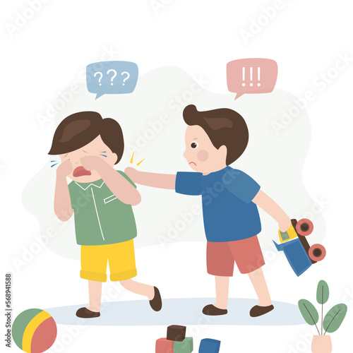 Aggression among preschool children. Caucasian boy took the toy truck from another child and punches him. Sad kids didn't share toys. Fight, battle, bad behavior. Social issues,