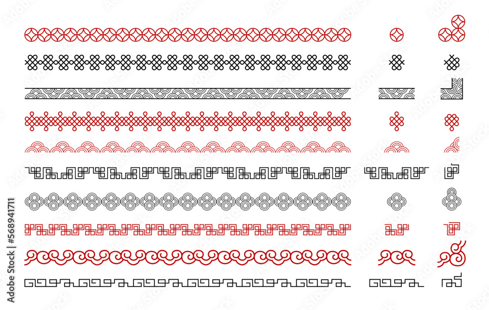 Asian traditional decorations. Celebration vector design elements. Seamless dividers and borders collection.