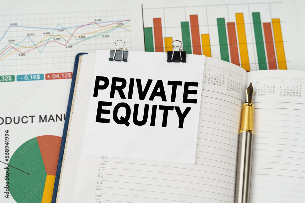On the business charts is a notepad with the inscription - Private equity