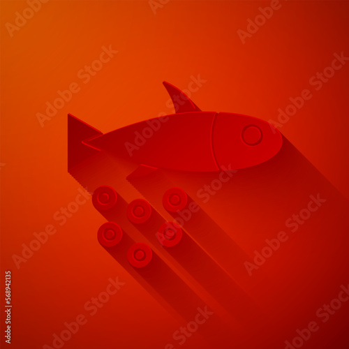 Paper cut Fish with caviar icon isolated on red background. Paper art style. Vector.