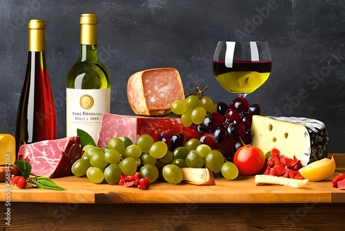 Still life with wine and cheese generative ai