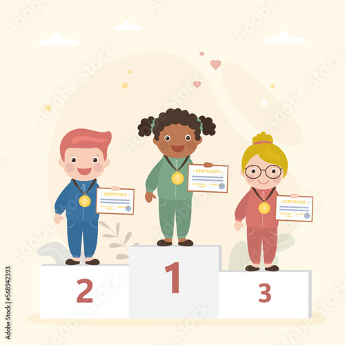 Happy multiethnic kids in sportswear stand on podium. Winner reward ceremony. Award ceremony after sports competitions. Lovely children with certificates and medals. Winner and losers.
