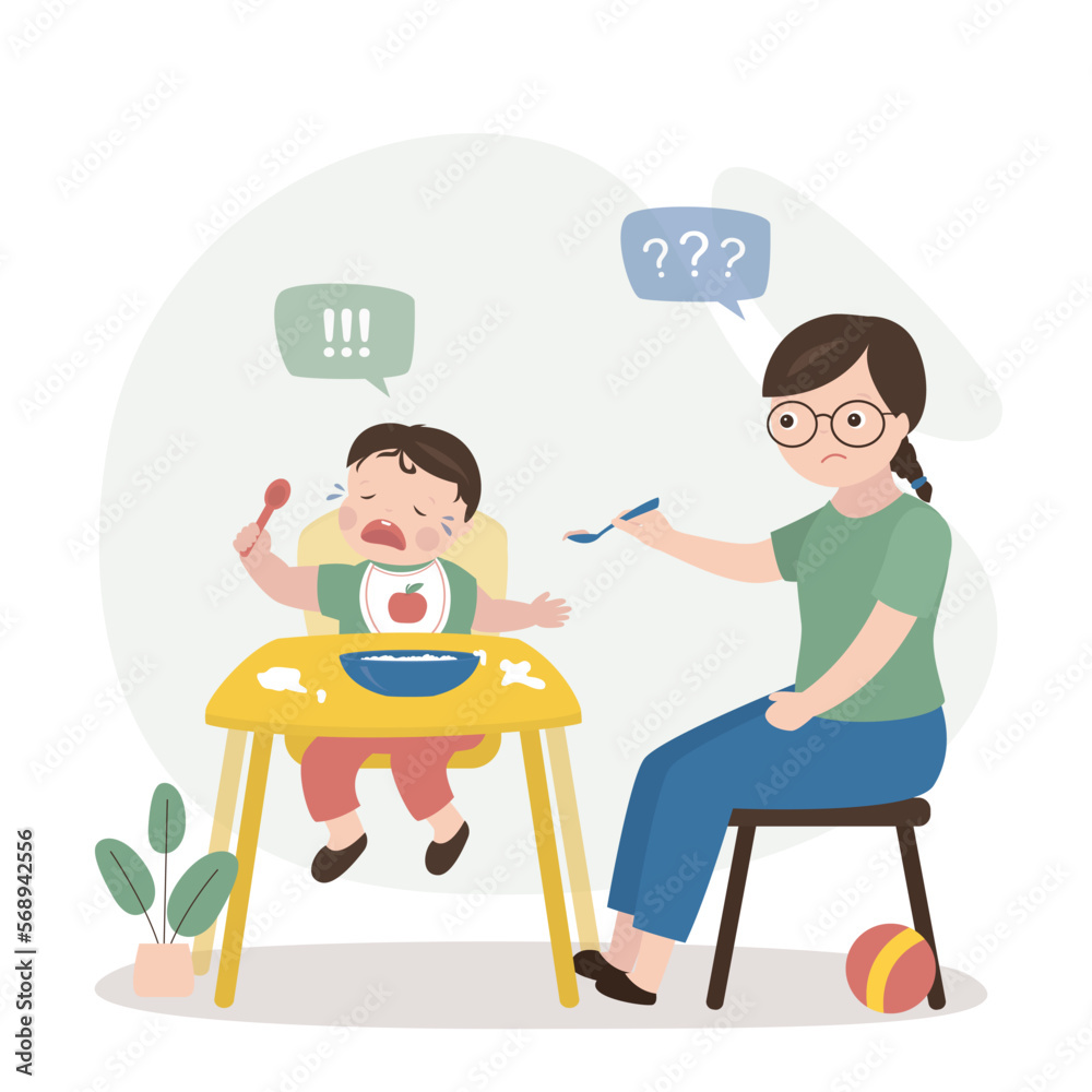 Mother or nanny trying to feed small child. Baby is crying and refuses to eat. Childhood, child care, difficulties and problems in raising young children. Calm mom holds spoon with food.