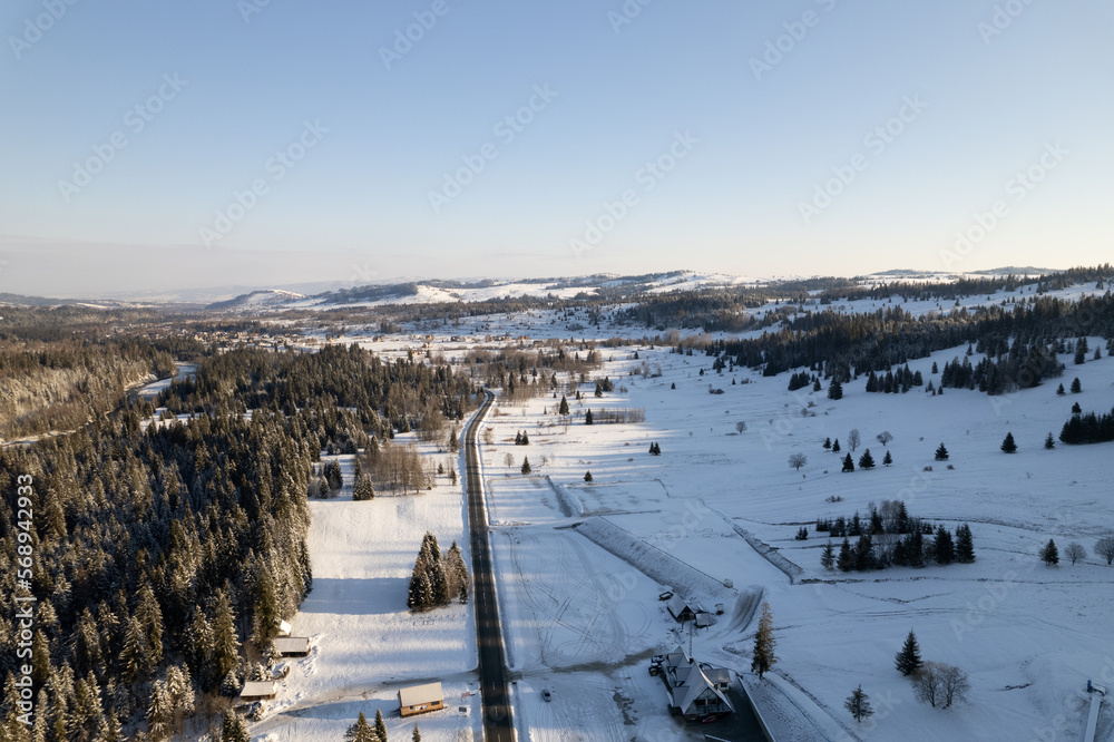 Aerial view of Tatra mountains in Poland during winter