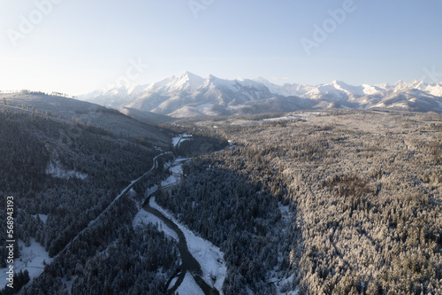 Aerial view of Tatra mountains in Poland during winter