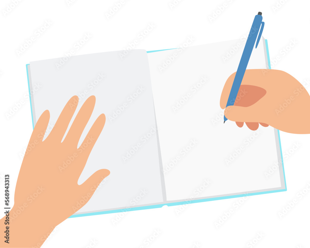 Vector hands with a blue pen write in an empty notebook