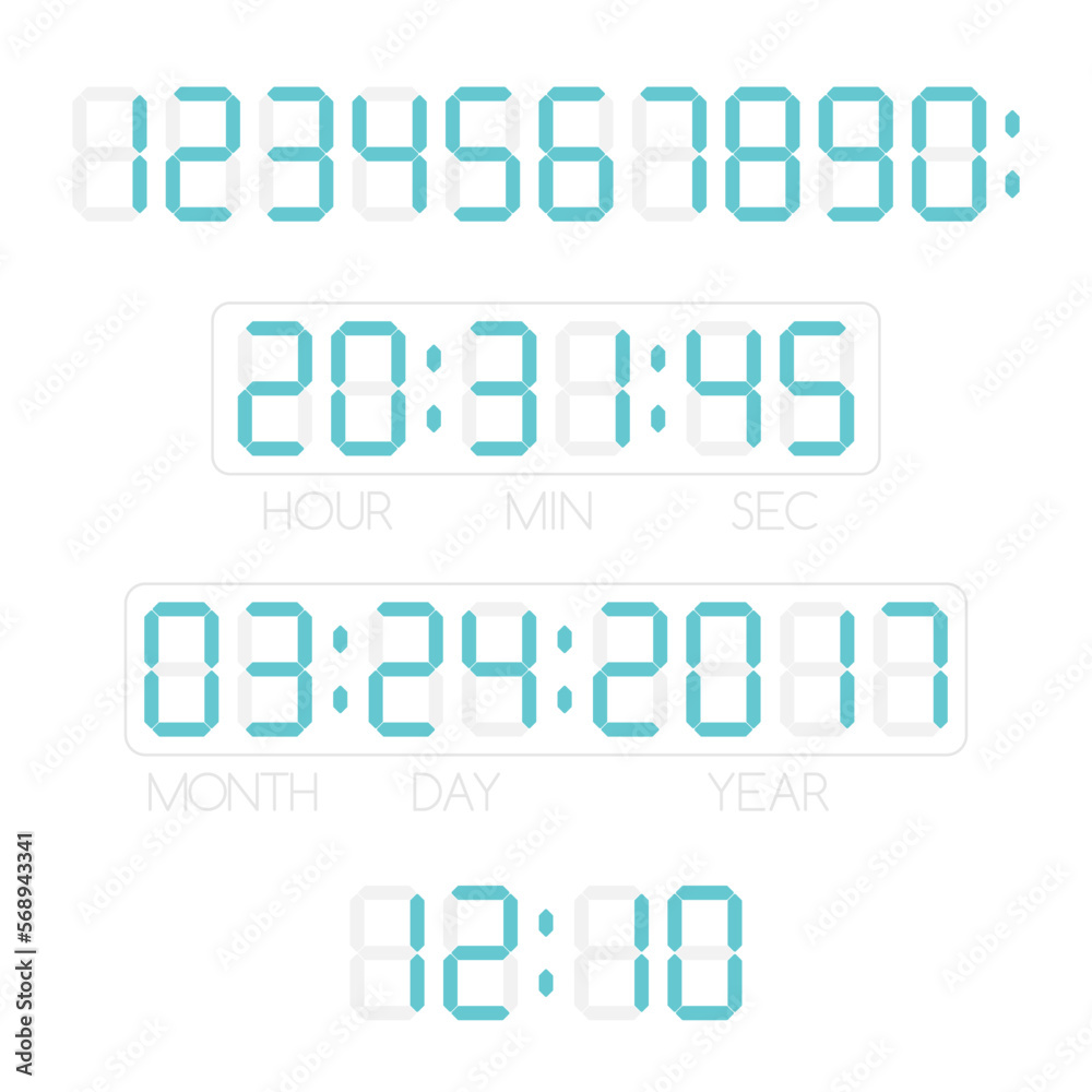 LCD numbers, time and date for electronic device. LCD numbers, time and date for electronic device.