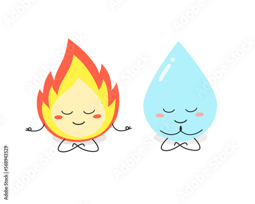 Funny cartoon fire flame and waterdrop meditating