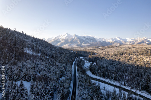 Aerial view of Tatra mountains in Poland during winter