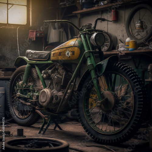 old motorcycle for restoration, repair in a mechanic shop generative AI