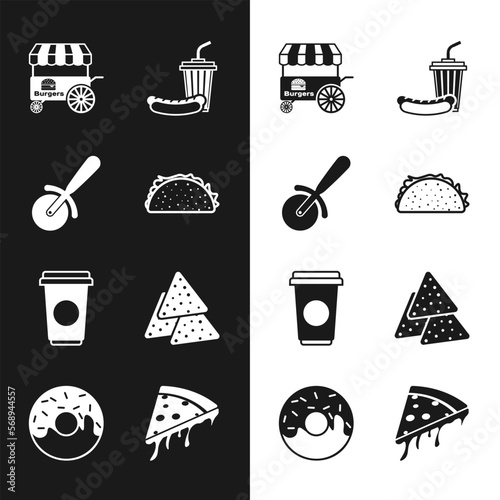 Set Taco with tortilla, Pizza knife, Fast street food cart, Soda and hotdog, Coffee cup, Nachos, Slice pizza and Donut icon. Vector
