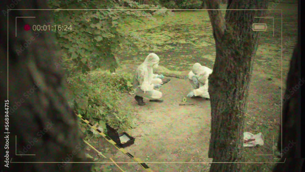 Retro VHS tape, film Process of taking water analysis from swamp, using flask and pipette, wearing protective suit and medical gloves, sample for toxicity testing close-up. Scientific researching. 