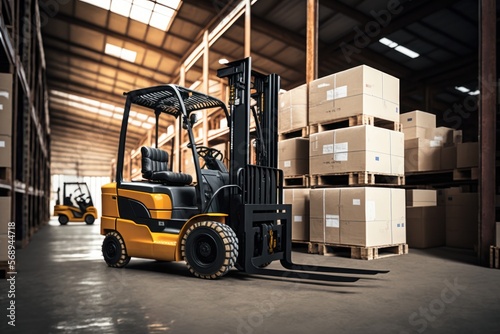 Forklift loads pallets and boxes in warehouse, AI generated. © Tomasz Bidermann