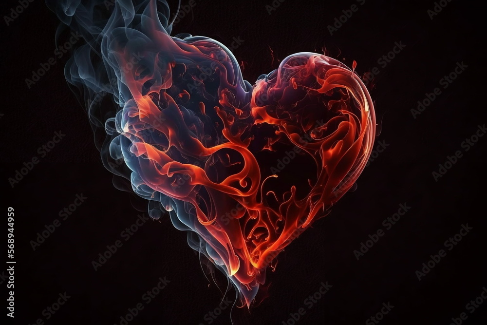 Red smoke and fire on a black background, in the shape of a glowing heart. Room for words. Created by digital art. Room for words Red smoke and fire on a black background, in the shape of a glowing heart. Room for words. Created by digital art. Room for words