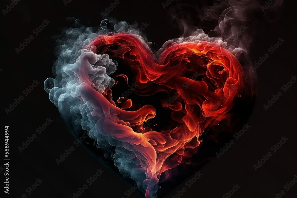 Red smoke and fire on a black background, in the shape of a glowing heart. Room for words. Created by digital art. Room for words Red smoke and fire on a black background, in the shape of a glowing heart. Room for words. Created by digital art. Room for words