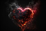 Red smoke and fire on a black background, in the shape of a glowing heart. Room for words. Created by digital art. Room for words