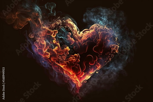 Red smoke and fire on a black background, in the shape of a glowing heart. Room for words. Created by digital art. Room for words photo