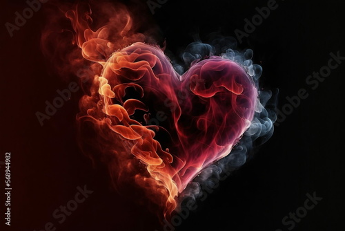 Red smoke and fire on a black background  in the shape of a glowing heart. Room for words. Created by digital art. Room for words