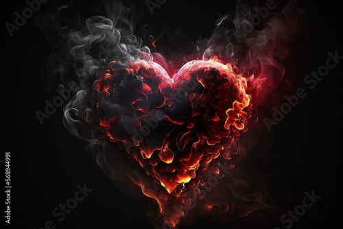 Red smoke and fire on a black background, in the shape of a glowing heart. Room for words. Created by digital art. Room for words